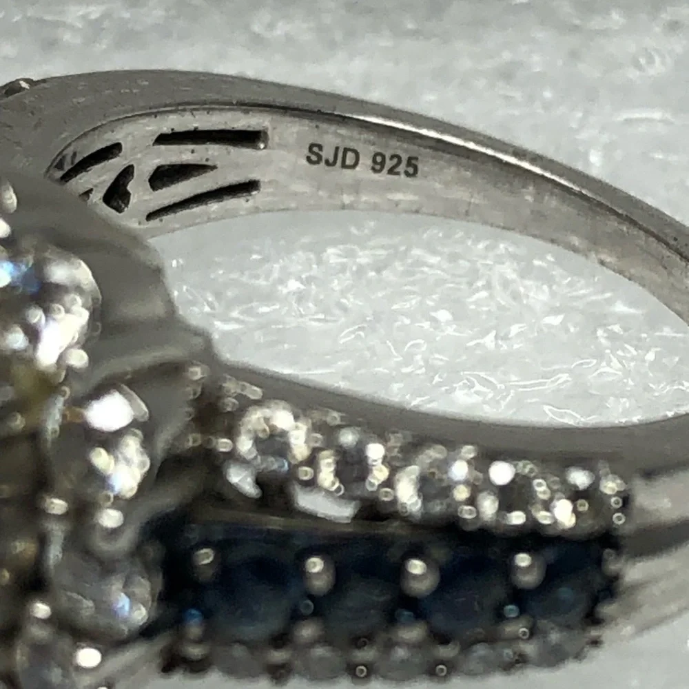 Moissanite Ring Blue Sapphire Platineve Halo Size 6